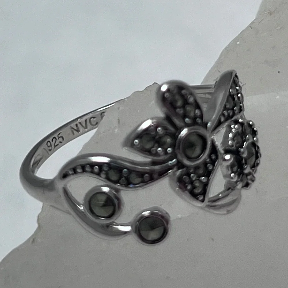 NVC Sterling Silver Marcasite‎ Floral Bypass Ring 925 Vtg Flower Size 6